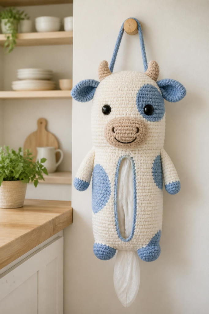 Baby Blue and White Crochet Cow Bag Holder
