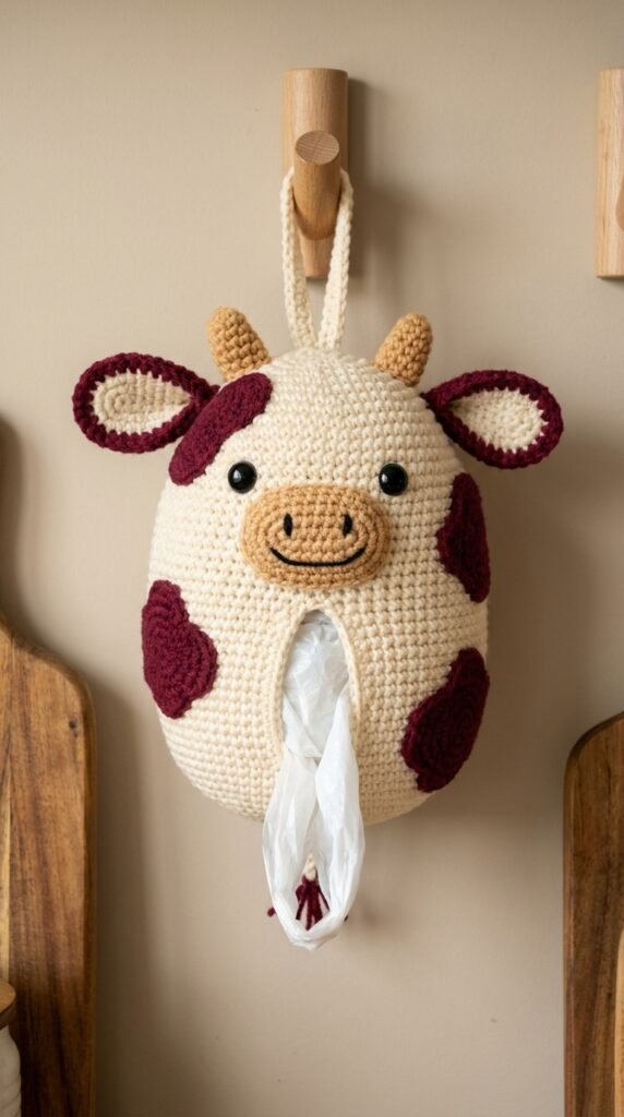 Burgundy and Cream Crochet Cow Bag Holder
