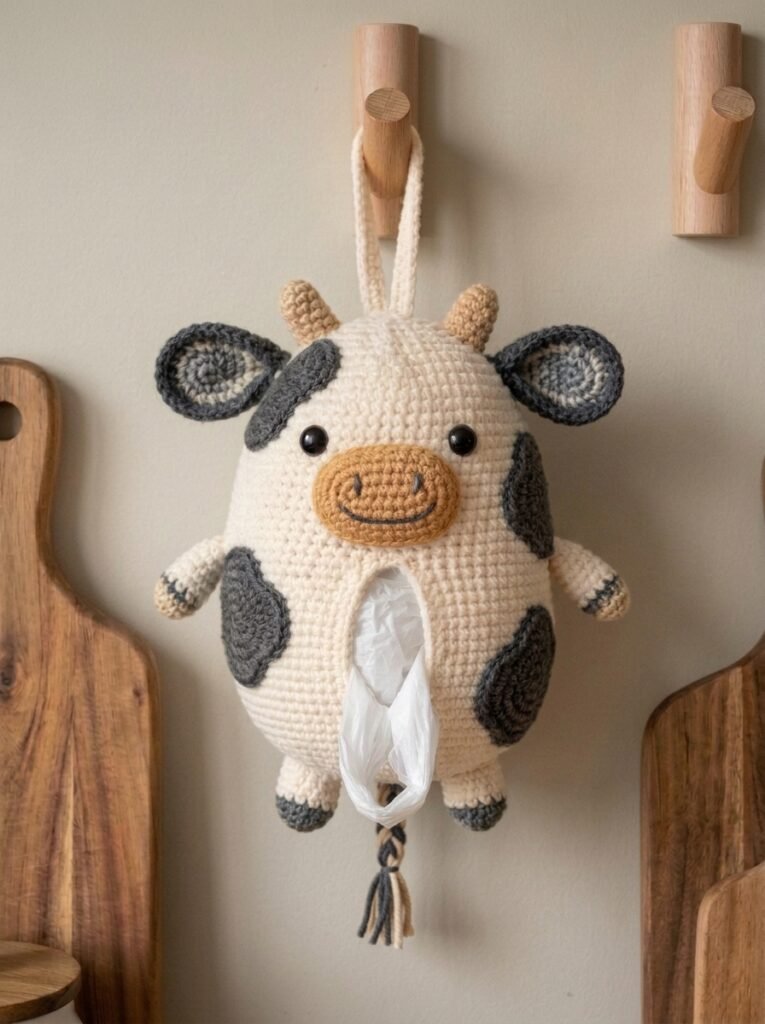 Charcoal Gray and Cream Crochet Cow Bag Holder