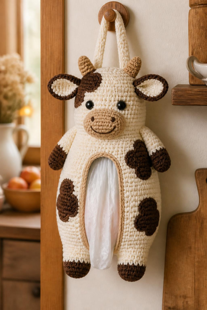 Chocolate Brown and Beige Crochet Cow Bag Holder