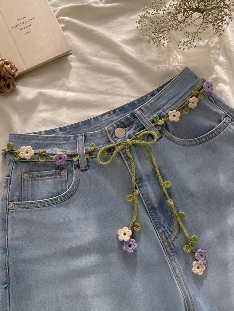 Crochet Flower Belt in Earthy Green and Cream