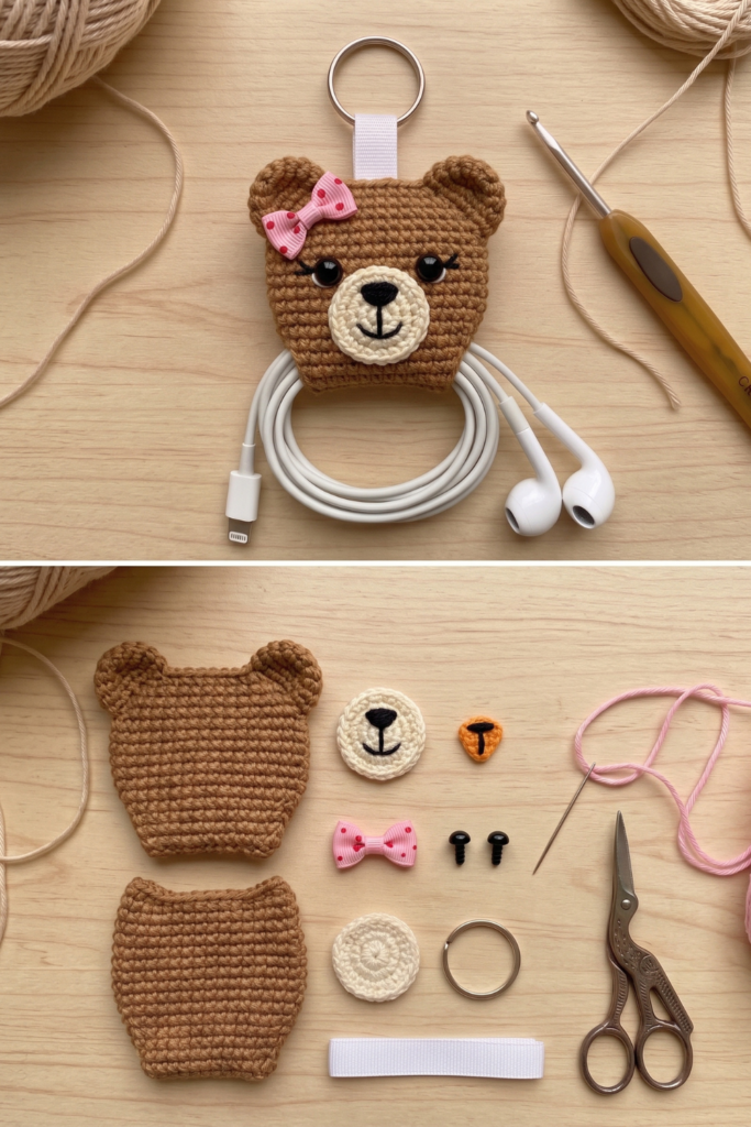 Crochet Teddy Bear Cable Organizer Keychain