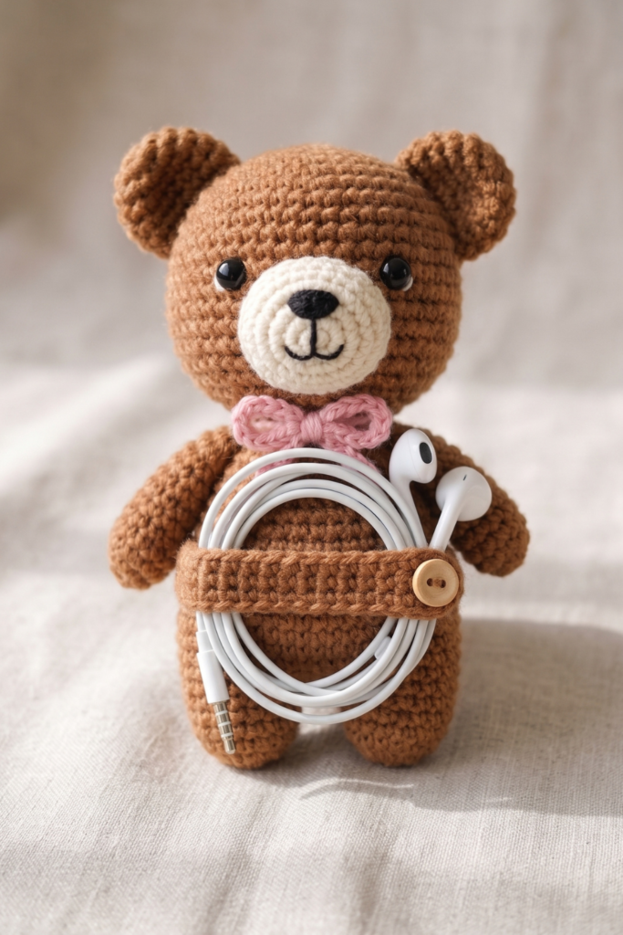 Cute Crochet Teddy Bear Earphone Holder
