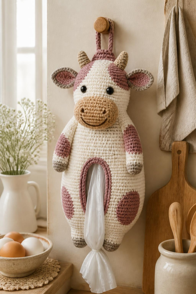 Dusty Rose and Taupe Crochet Cow Bag Holder