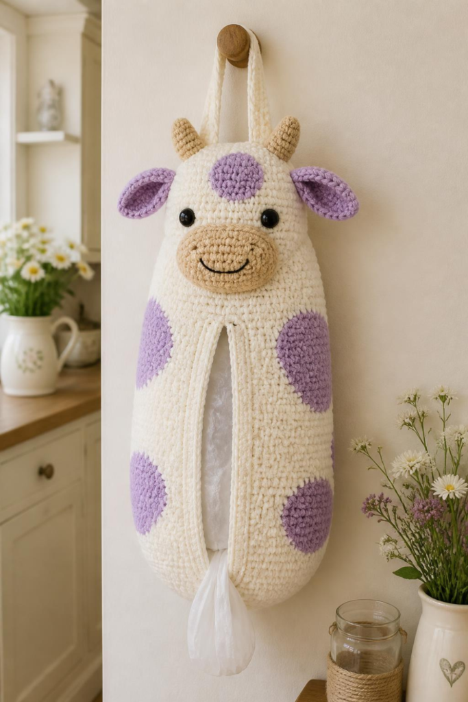Lavender and Cream Crochet Cow Bag Holder