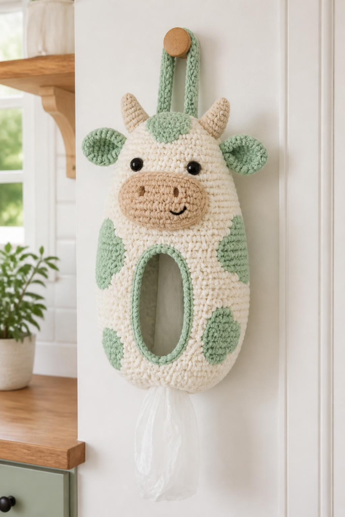 Mint Green and Ivory Crochet Cow Bag Holder