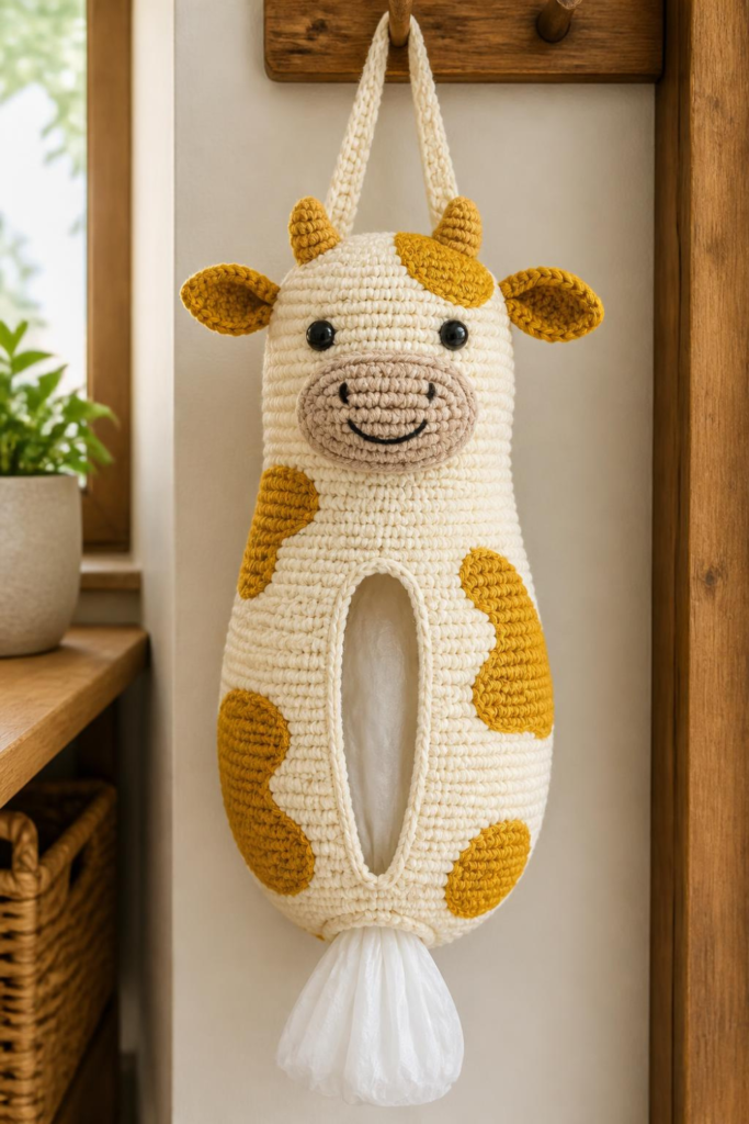 Mustard Yellow and Cream Crochet Cow Bag Holder