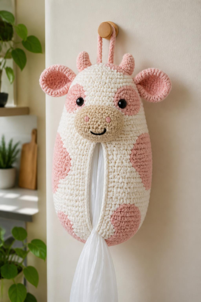 Pastel Pink Crochet Cow Bag Holder