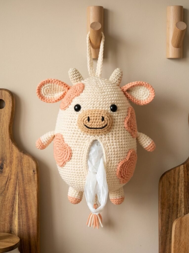 Peach and Cream Crochet Cow Bag Holder