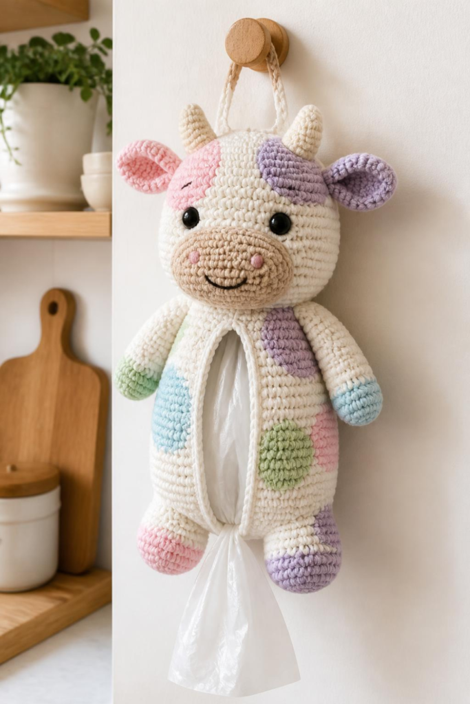 Rainbow Pastel Crochet Cow Bag Holder