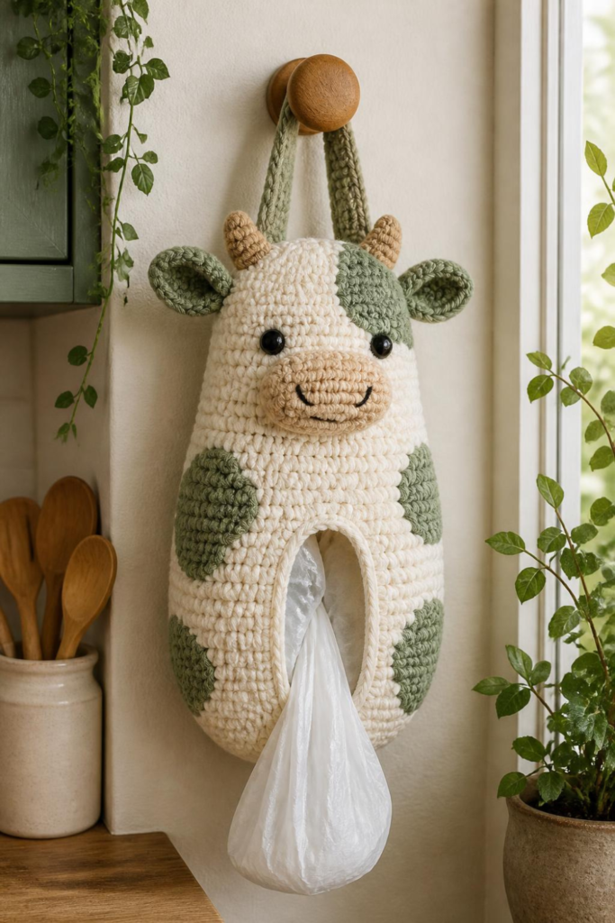 Sage Green Crochet Cow Bag Holder