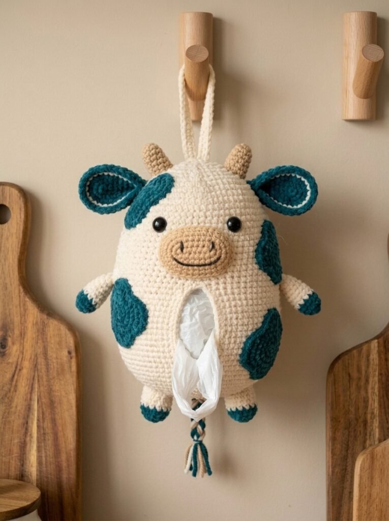 Teal and Ivory Crochet Cow Bag Holder