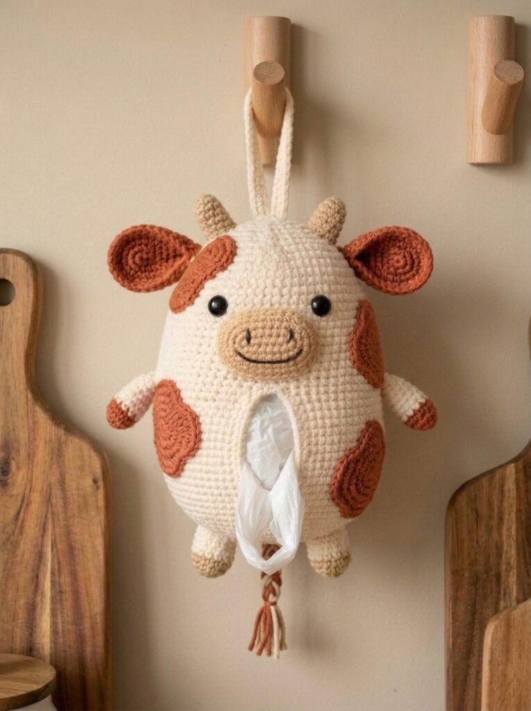 Terracotta and Sand Crochet Cow Bag Holder