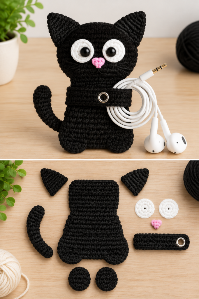 crochet-black-cat-earphone-holder