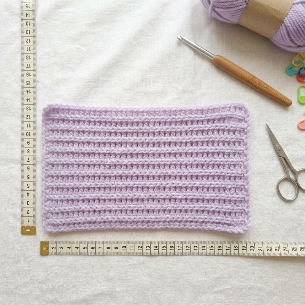 Checking the size of a lavender crochet glove panel before assembly.