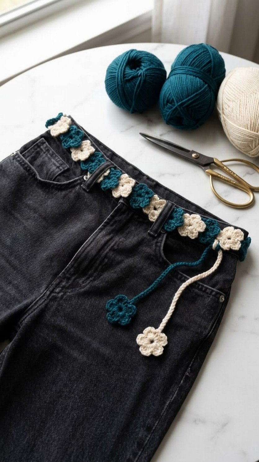 Crochet Flower Belt with Scalloped Edges