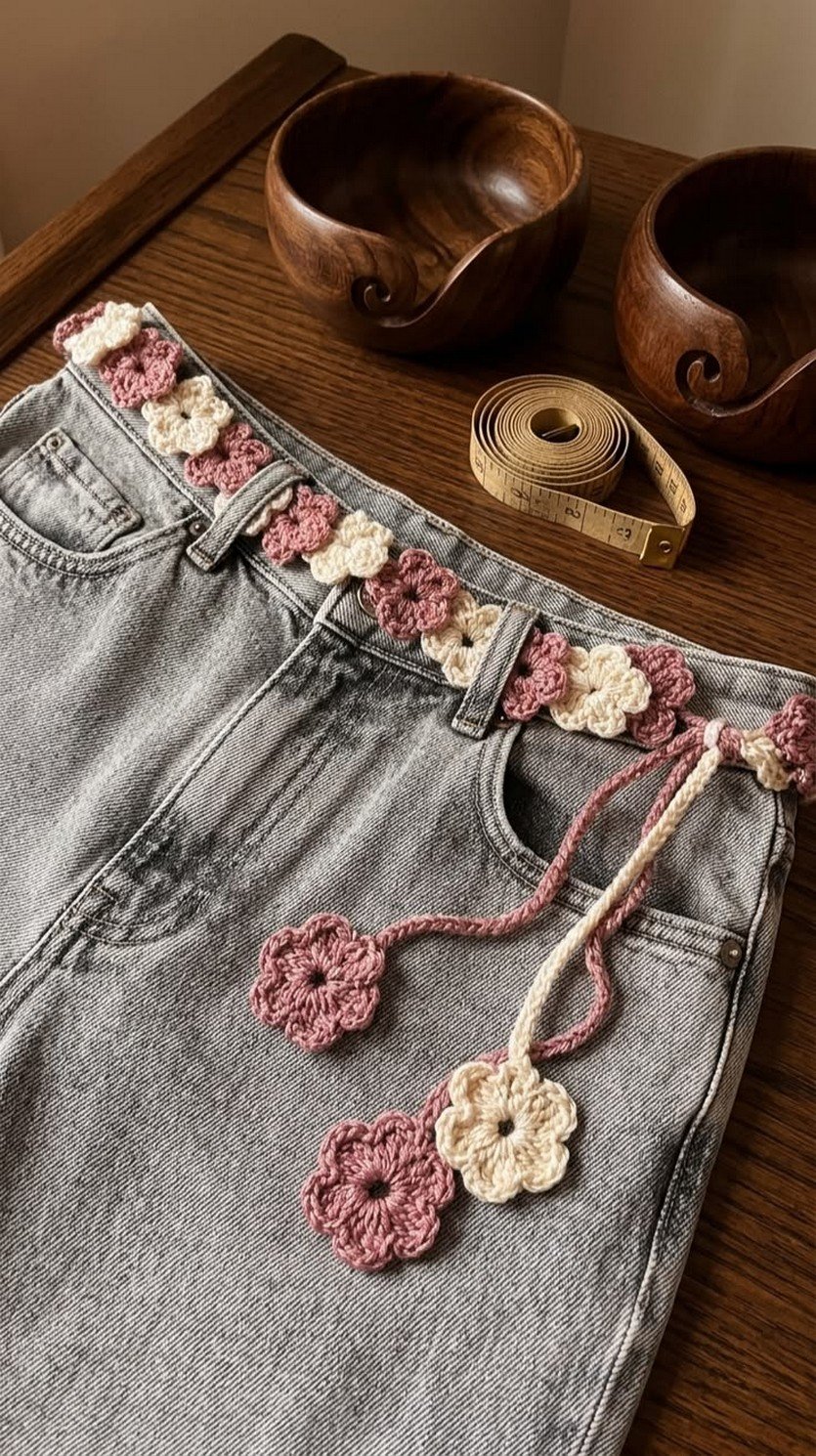 Crochet Flower Waist Belt with Braided Ties