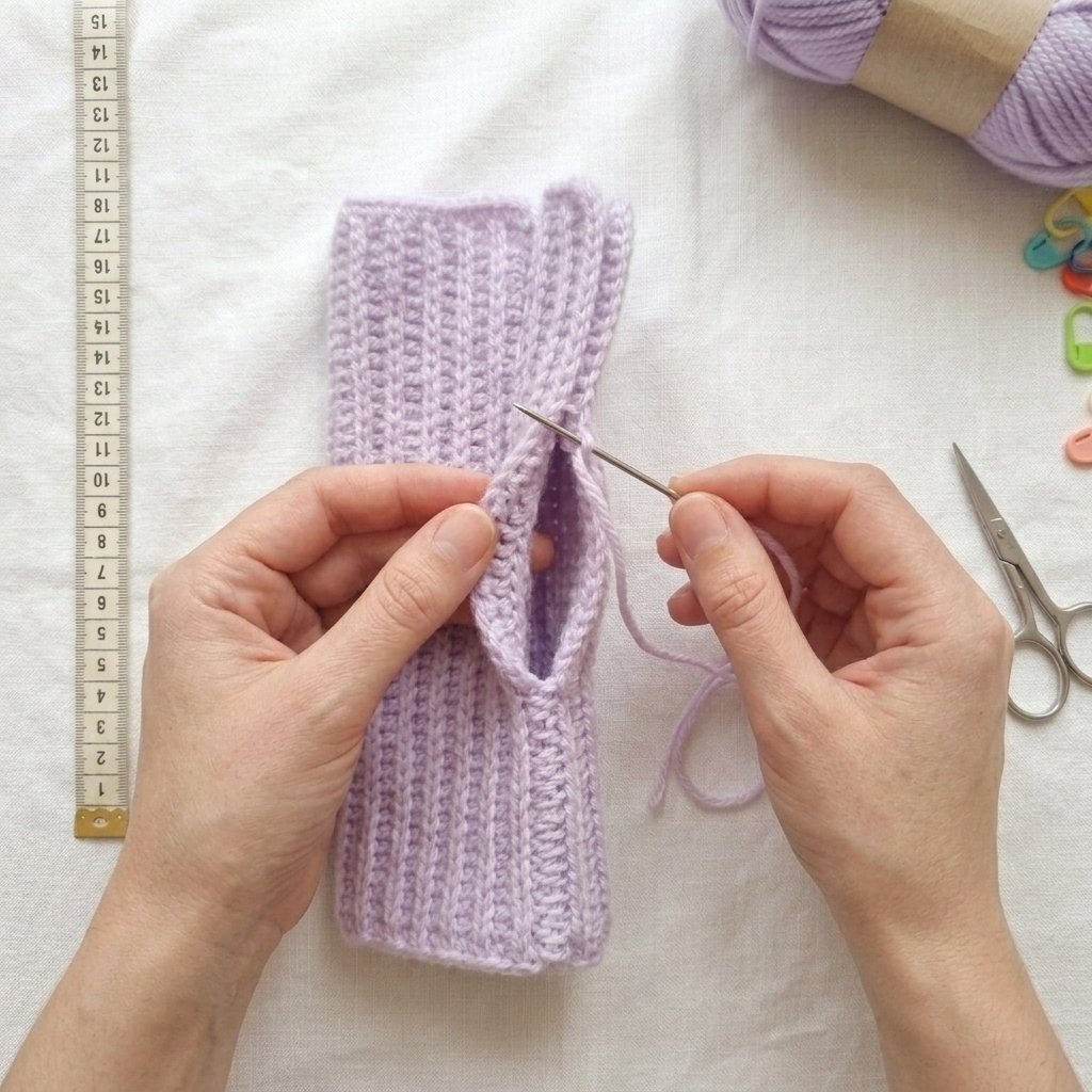 Folding a lavender ribbed crochet panel to assemble fingerless crochet gloves.