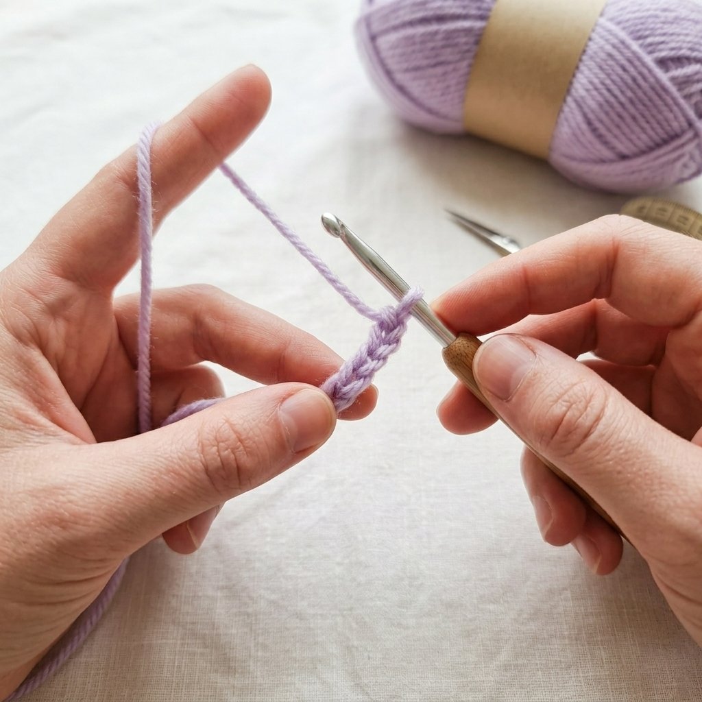Lavender yarn and crochet hook for a crochet gloves fingerless pattern.