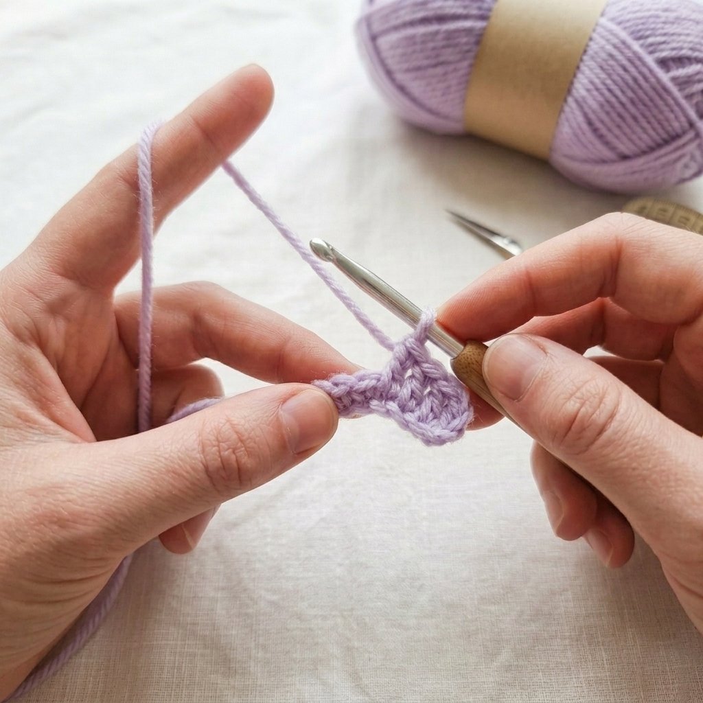 Measuring a lavender ribbed crochet panel for fingerless gloves.