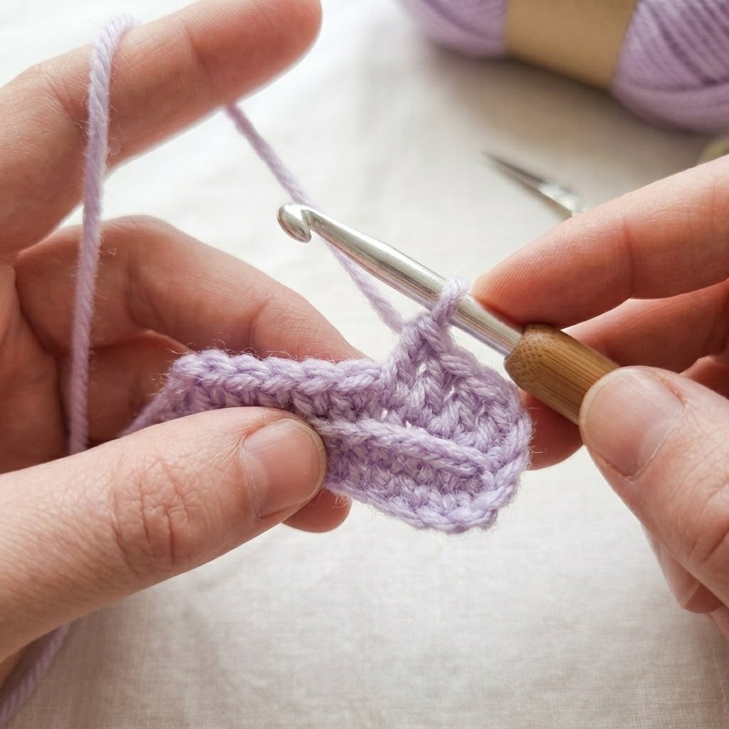 Starting a crochet gloves fingerless pattern with a lavender foundation chain.