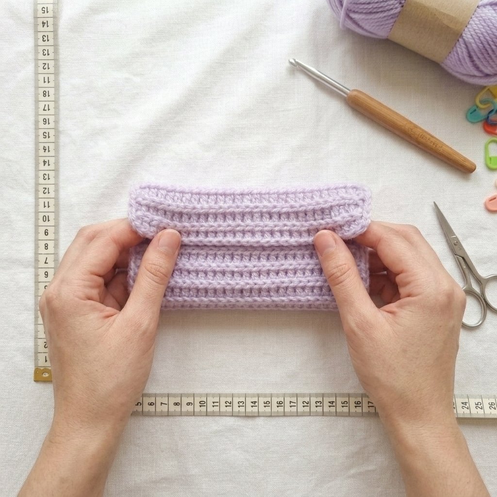 Two matching lavender ribbed crochet panels for fingerless gloves.
